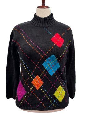 VTG Black Argyle Sweater Colorful Diamond Knit Mock Neck Retro 80s 90s (Size S)